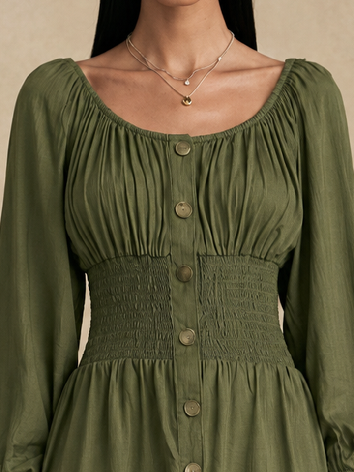 Women's Button Detail Waisted Elegant Ruffle Mini Dress