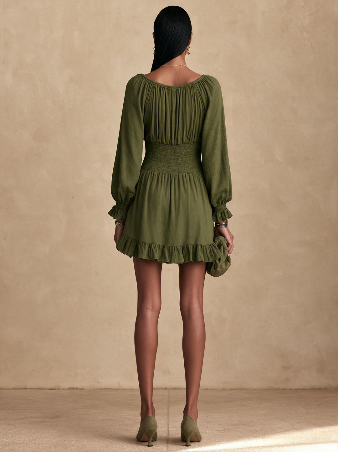Women's Button Detail Waisted Elegant Ruffle Mini Dress