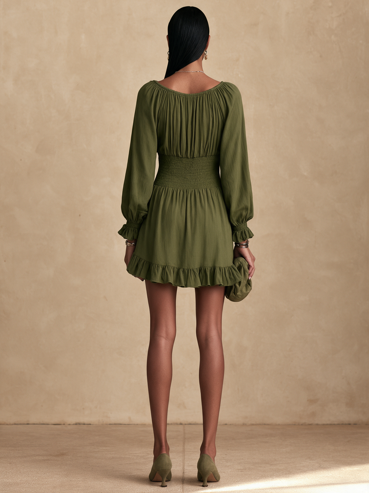 Women's Button Detail Waisted Elegant Ruffle Mini Dress