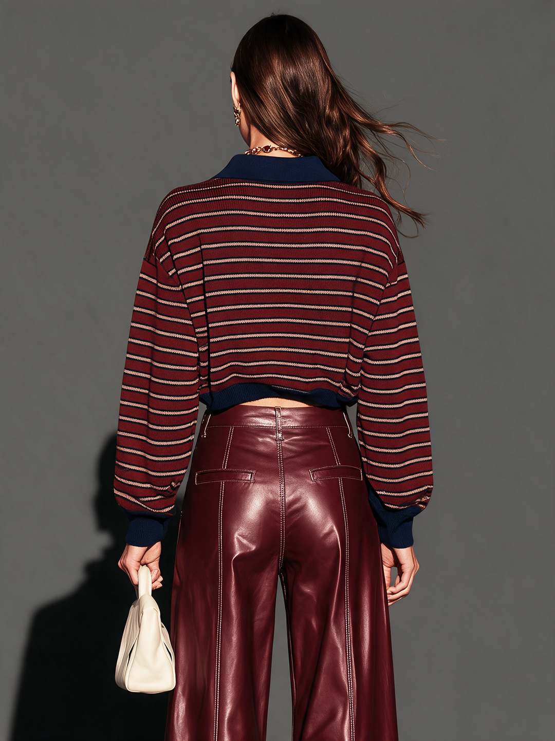 Women's Casual Long-Sleeve V-Neck Knit Sweater With Dark Red Stripes