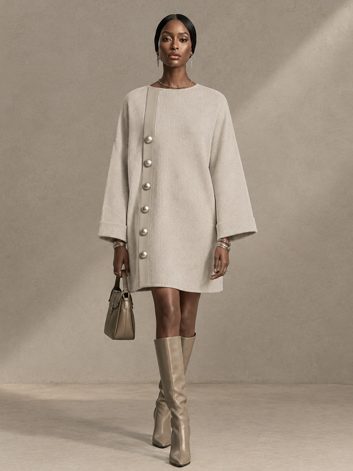 Women's Button Trim Casual Knit Round Neck Mini Dress