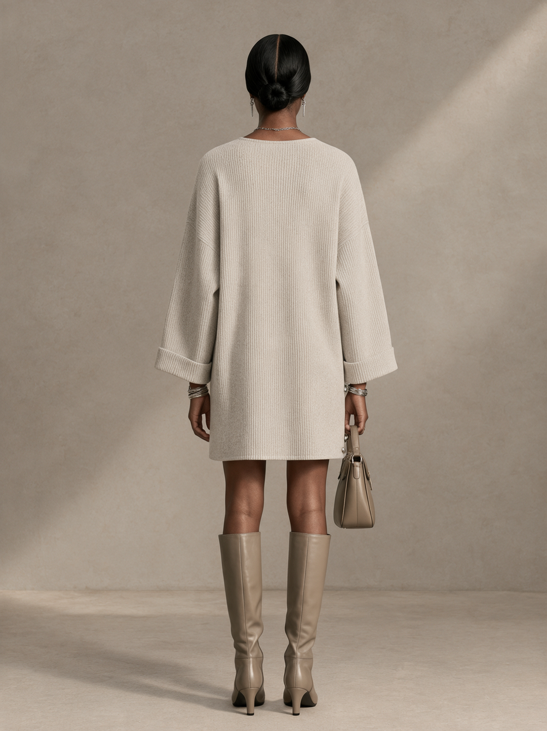 Women's Button Trim Casual Knit Round Neck Mini Dress