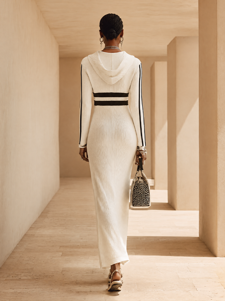 Vestido largo casual con capucha de punto con panel de encaje para mujer