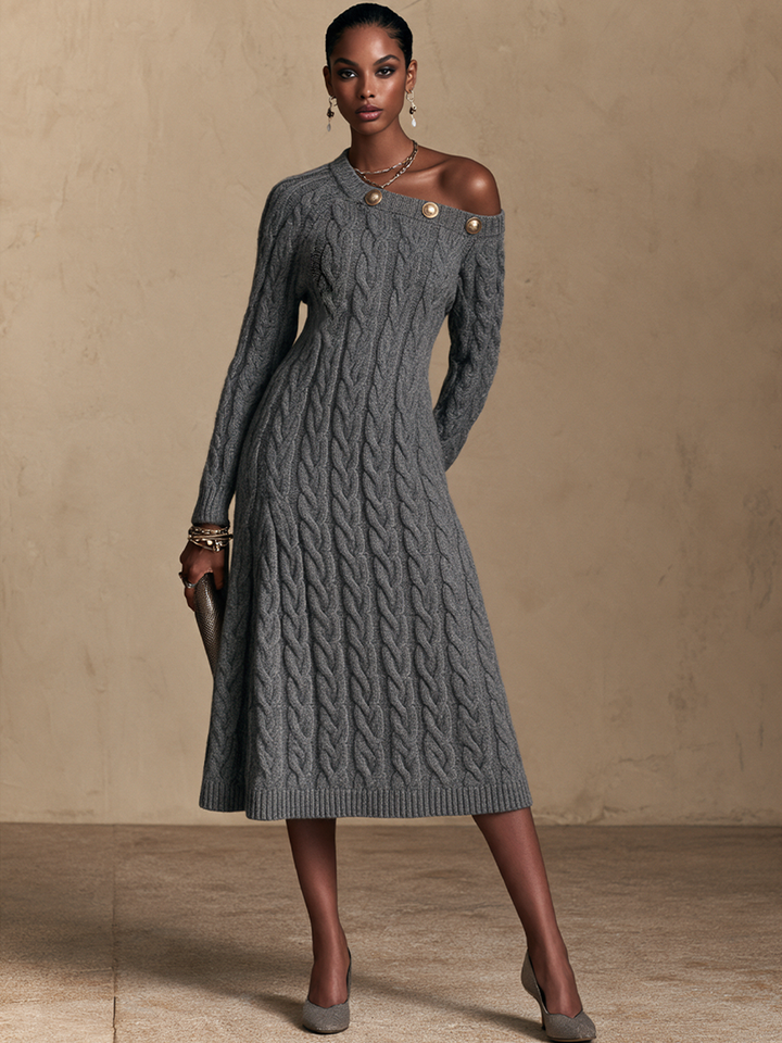 Women's Button Detail Elegant Knit Off-Shoulder Midi Dress