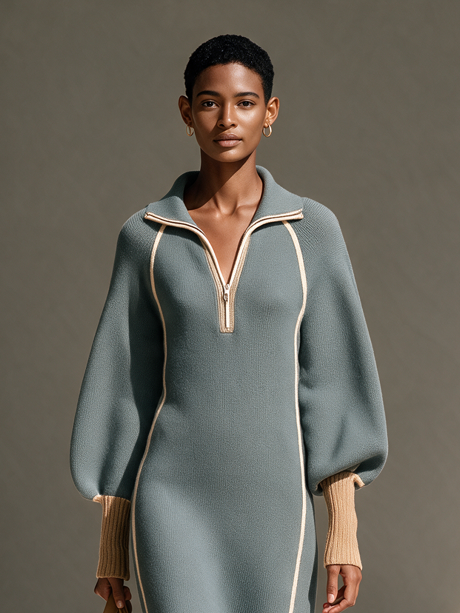 Maxivestido de punto de lana con cuello, media cremallera, ribete en contraste y mangas abullonadas, en color gris-azulado para mujer