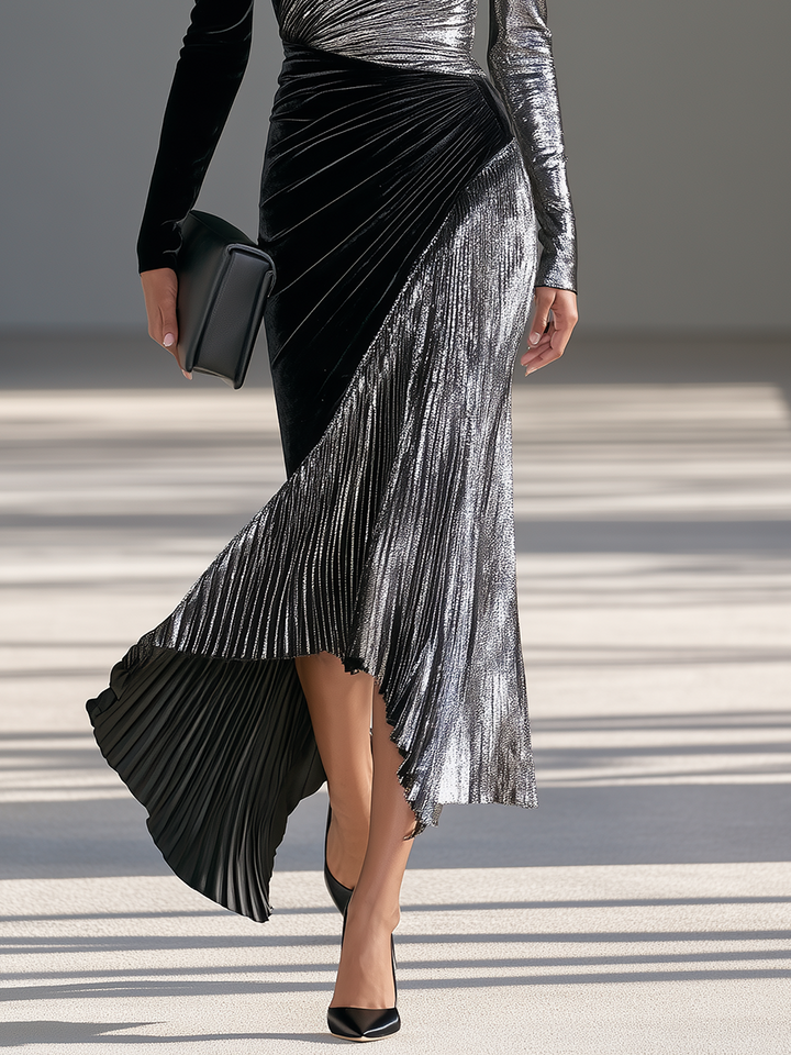 Women's Black-and-Silver Contrast Asymmetric One-Shoulder Long-Sleeve Velvet-and-Metallic-Plissé Mermaid Maxi Dress