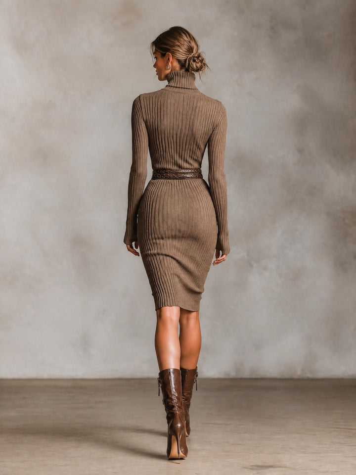Women's Cutout Shoulder Turtleneck Ribbed Knit Bodycon Sweater Dress (Without Belt)