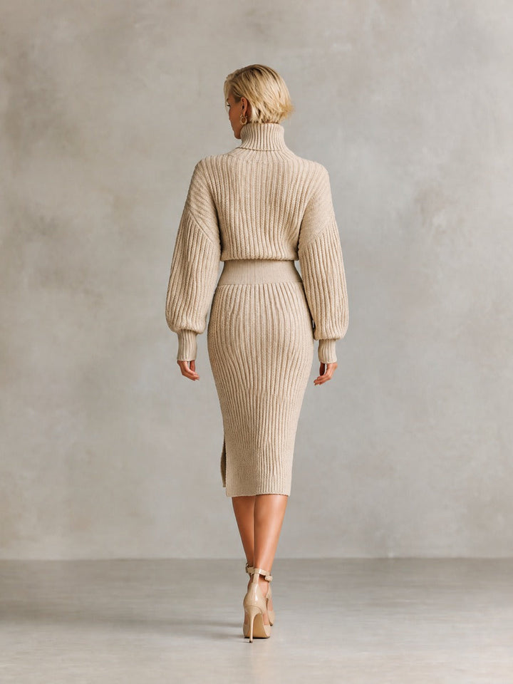 Women's Ribbed Knit Turtleneck Sweater & Split Midi Skirt Two-Piece Set