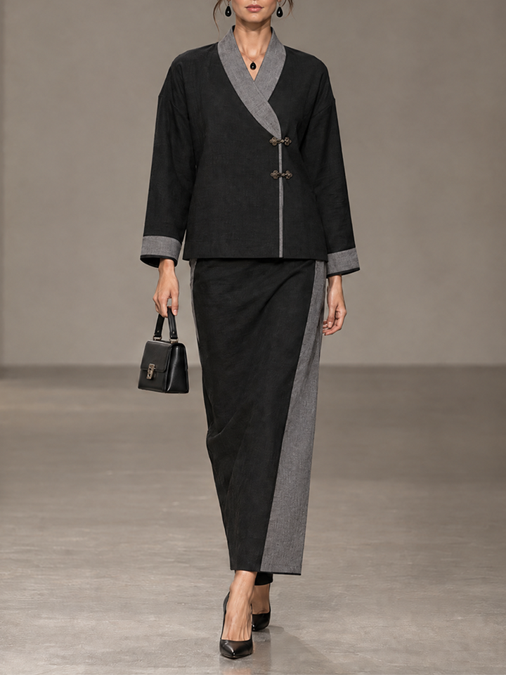 Women's Contrast-Trim Frog-Button Drop-Shoulder Wrap-Collar Top & Side-Panel Skirt New Chinese-Style Set