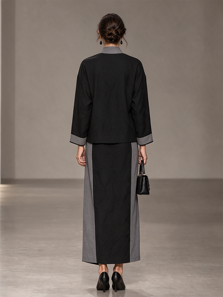 Women's Contrast-Trim Frog-Button Drop-Shoulder Wrap-Collar Top & Side-Panel Skirt New Chinese-Style Set