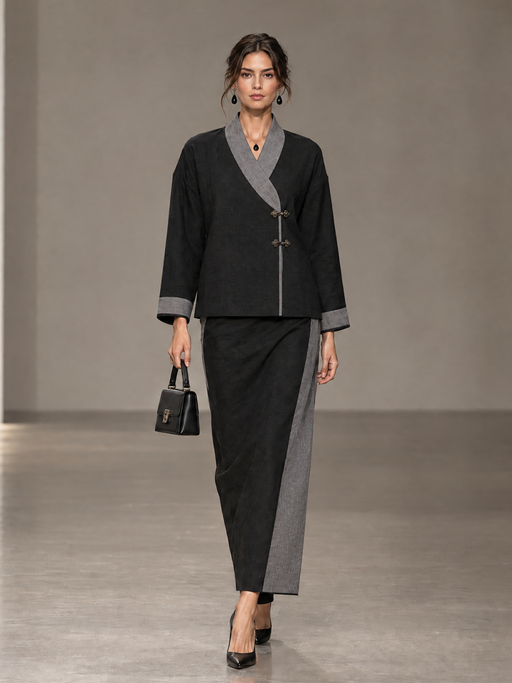 Women's Contrast-Trim Frog-Button Drop-Shoulder Wrap-Collar Top & Side-Panel Skirt New Chinese-Style Set