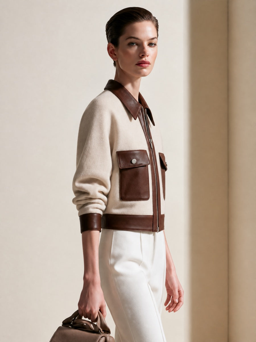 Women's Colorblock Beige Wool-Blend Jacket With Leather Contrast Trim