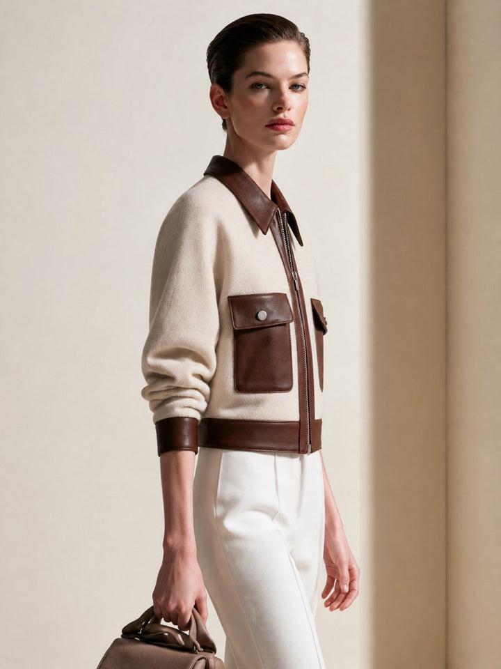 Women's Colorblock Beige Wool-Blend Jacket With Leather Contrast Trim