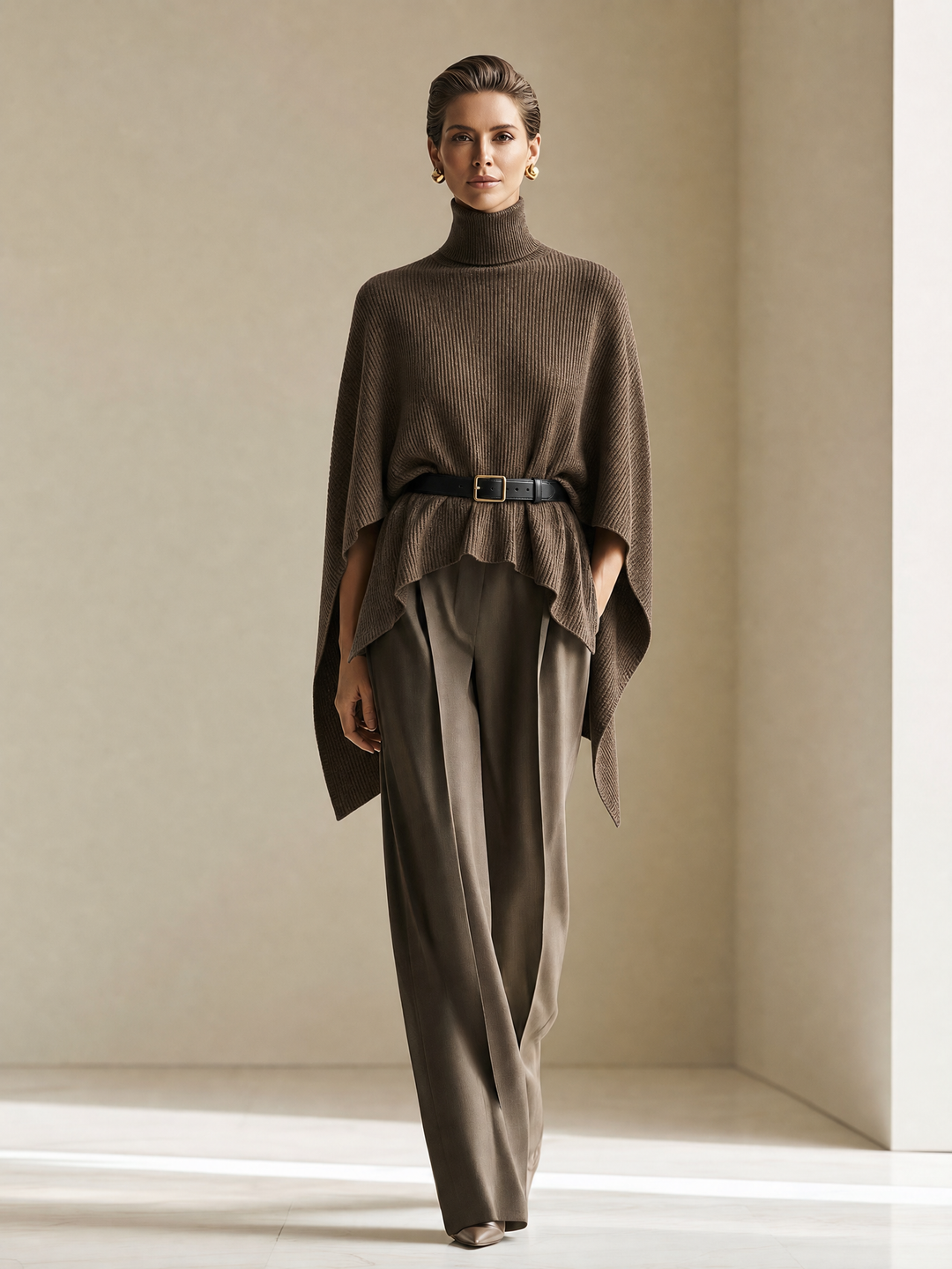 Women's Turtleneck Batwing Knit Taupe Pants Set