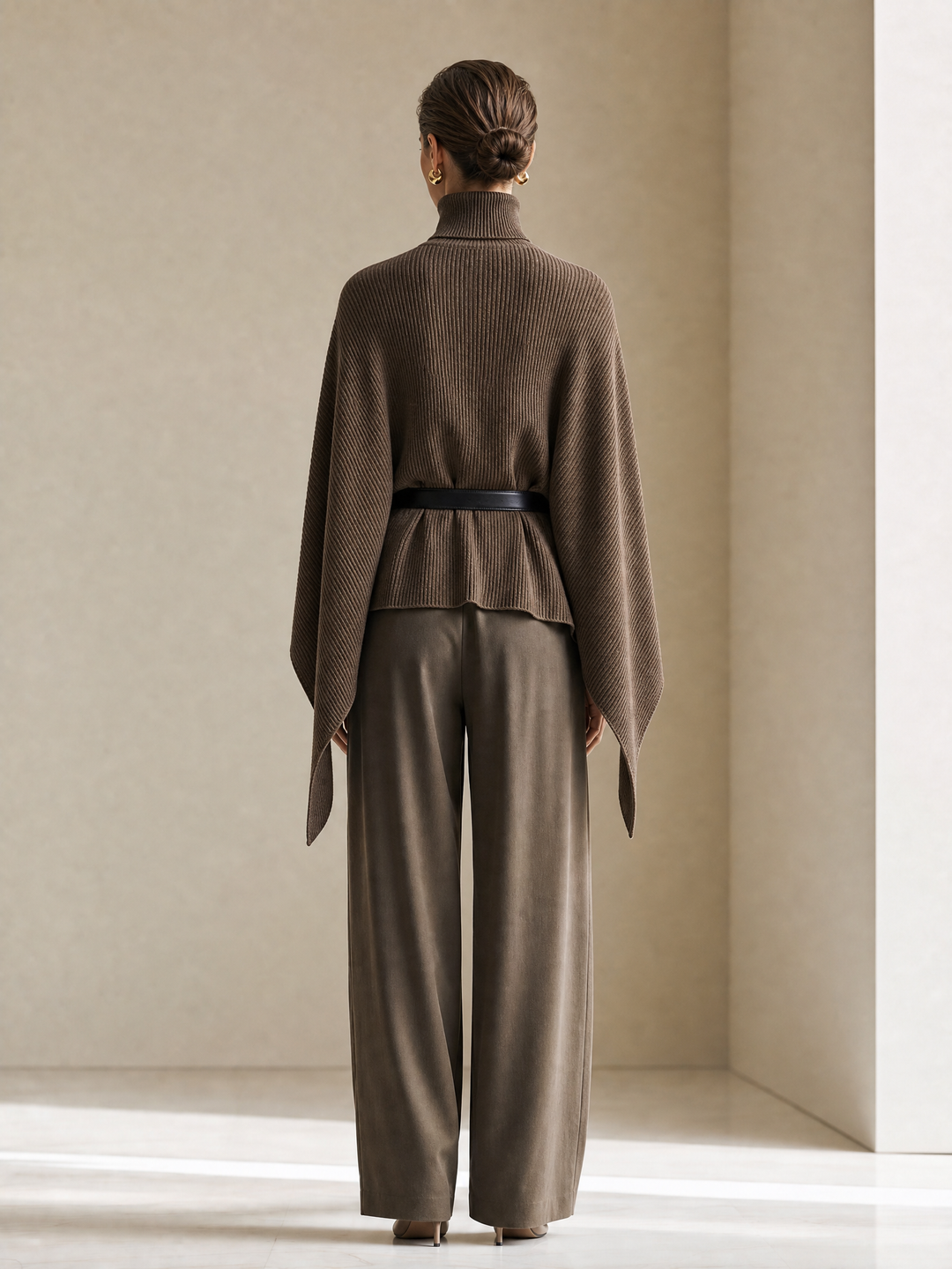 Women's Turtleneck Batwing Knit Taupe Pants Set