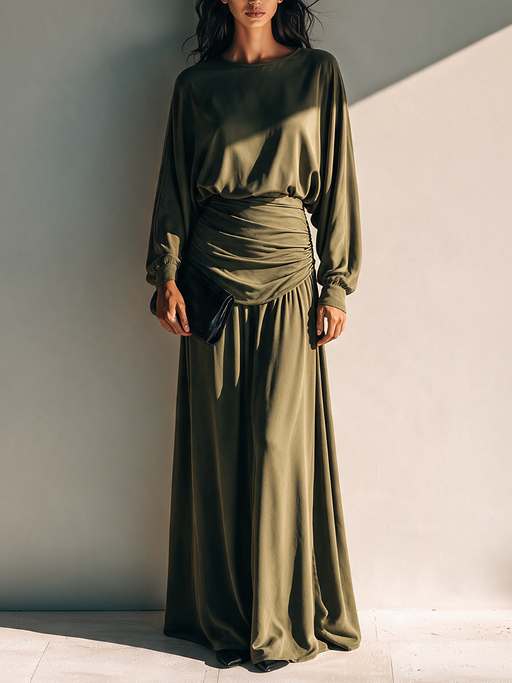 Maxivestido de punto de manga larga para mujer con cintura plisada