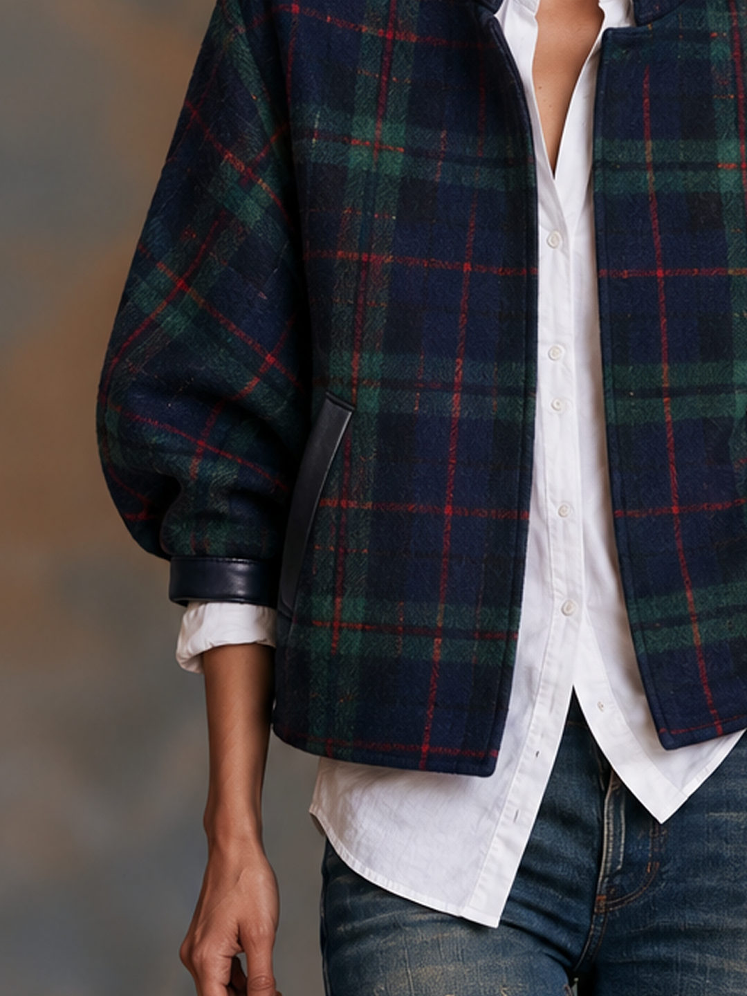 Women's Vintage-Style Plaid Wool-Blend Cropped Jacket With Leather Panels