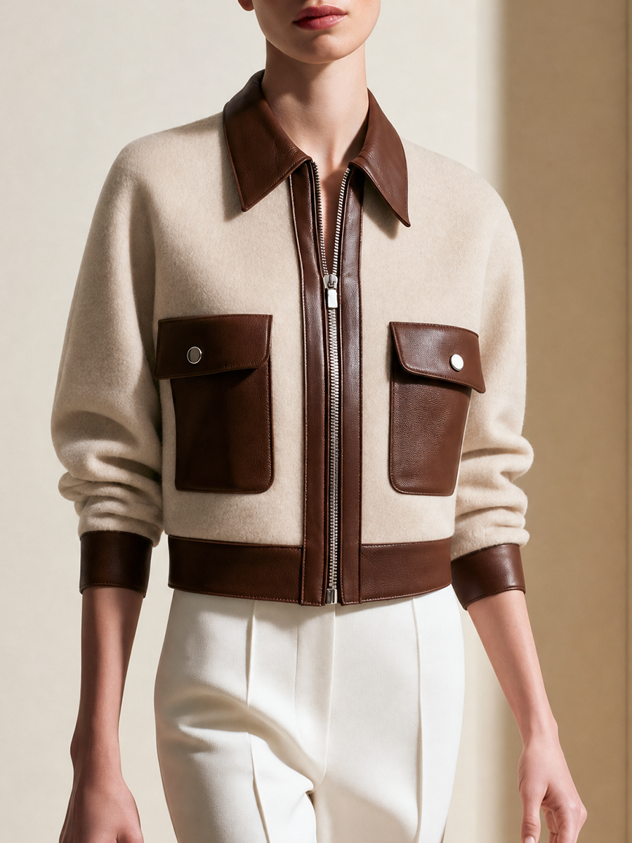 Women's Colorblock Beige Wool-Blend Jacket With Leather Contrast Trim