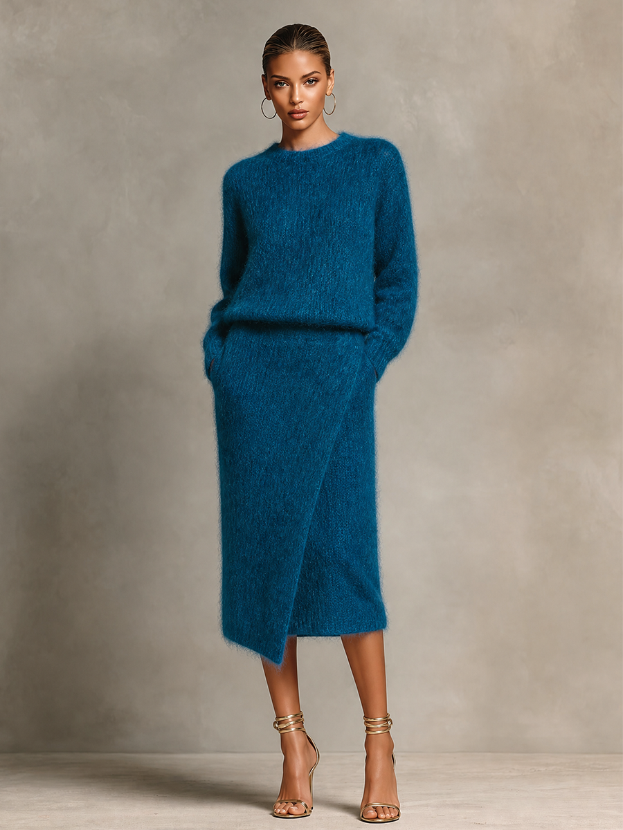 Women's Fuzzy Sweater And Wrap Midi Skirt Knit Set