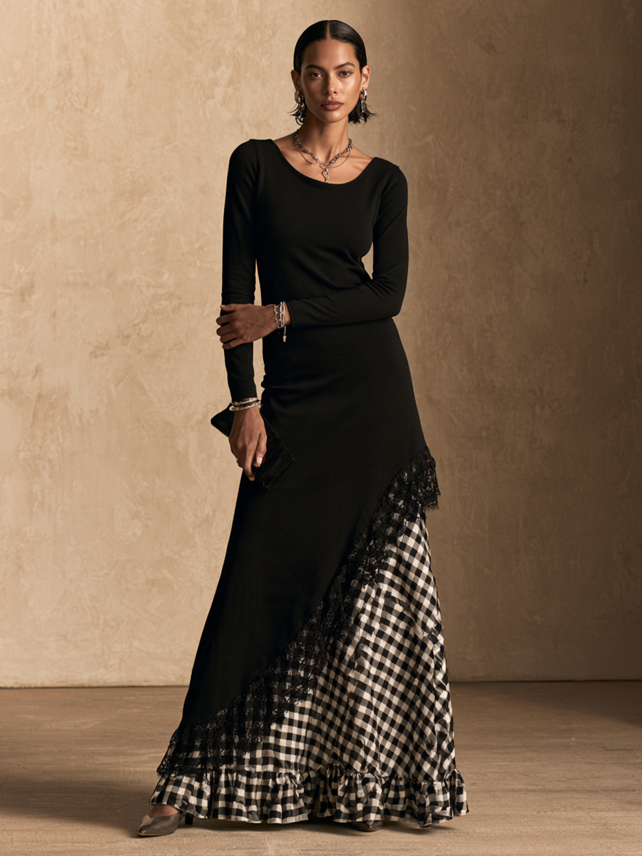 Vestido largo elegante con panel de encaje y estampado de cuadros vichy para mujer