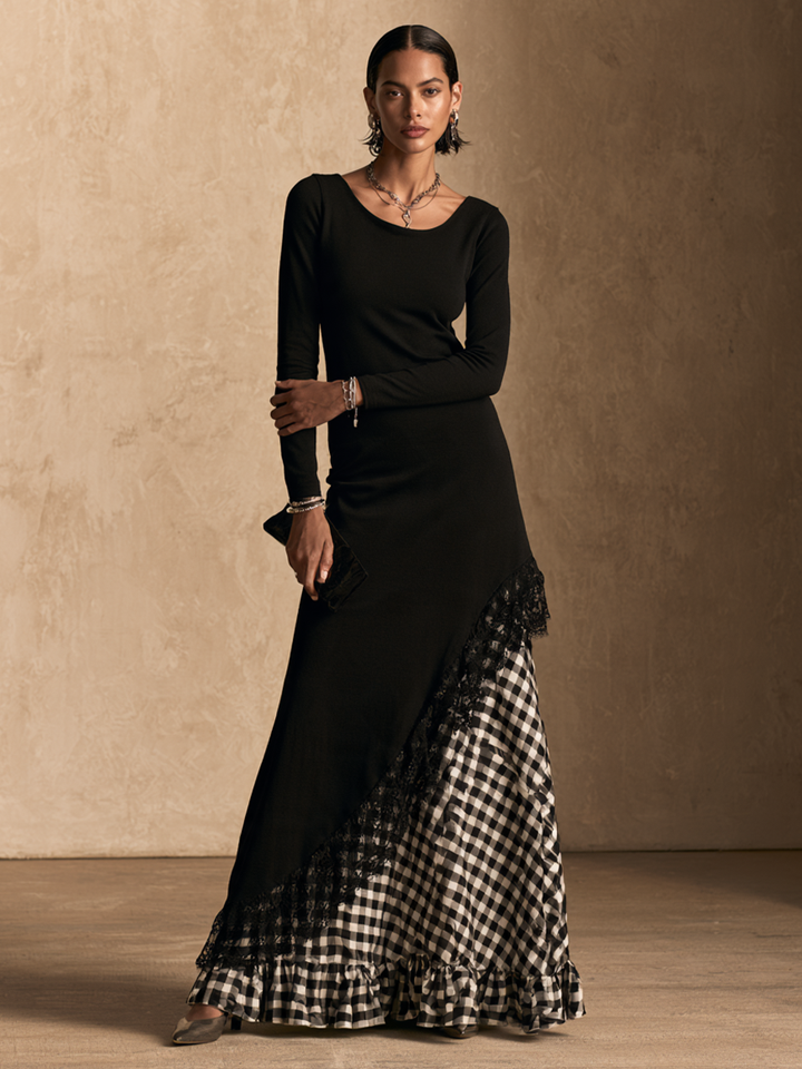 Vestido largo elegante con panel de encaje y estampado de cuadros vichy para mujer