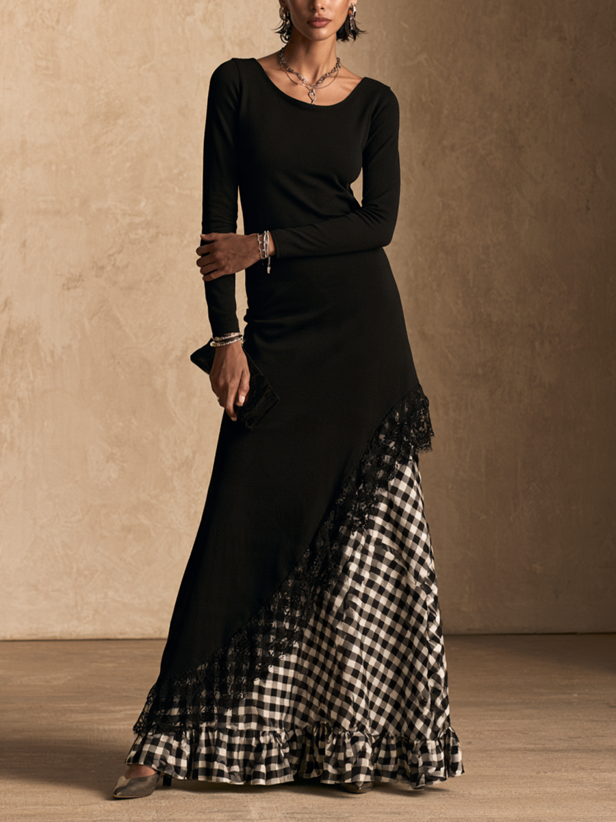 Vestido largo elegante con panel de encaje y estampado de cuadros vichy para mujer