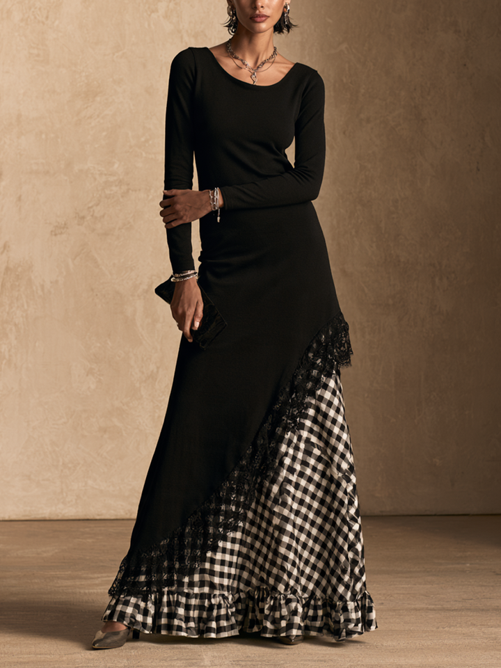 Vestido largo elegante con panel de encaje y estampado de cuadros vichy para mujer