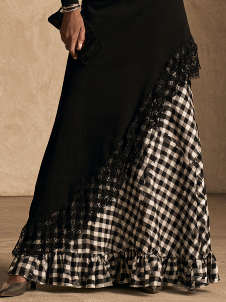 Vestido largo elegante con panel de encaje y estampado de cuadros vichy para mujer