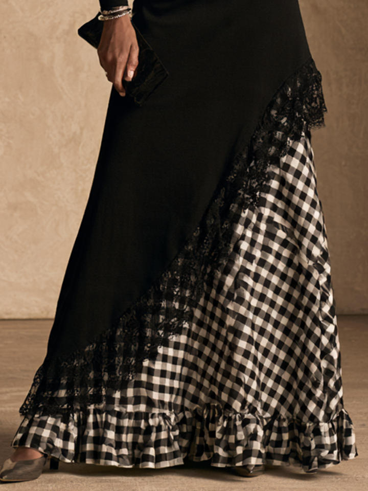 Vestido largo elegante con panel de encaje y estampado de cuadros vichy para mujer