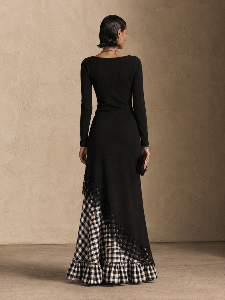 Vestido largo elegante con panel de encaje y estampado de cuadros vichy para mujer
