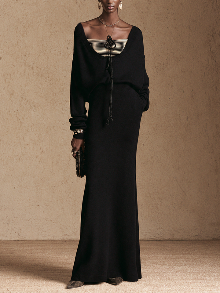 Conjunto elegante de falda larga con paneles a rayas y frente anudado para mujer