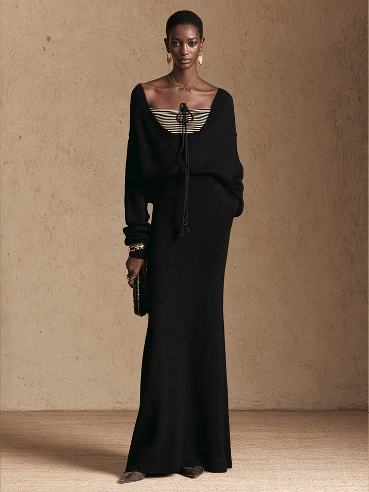 Conjunto elegante de falda larga con paneles a rayas y frente anudado para mujer