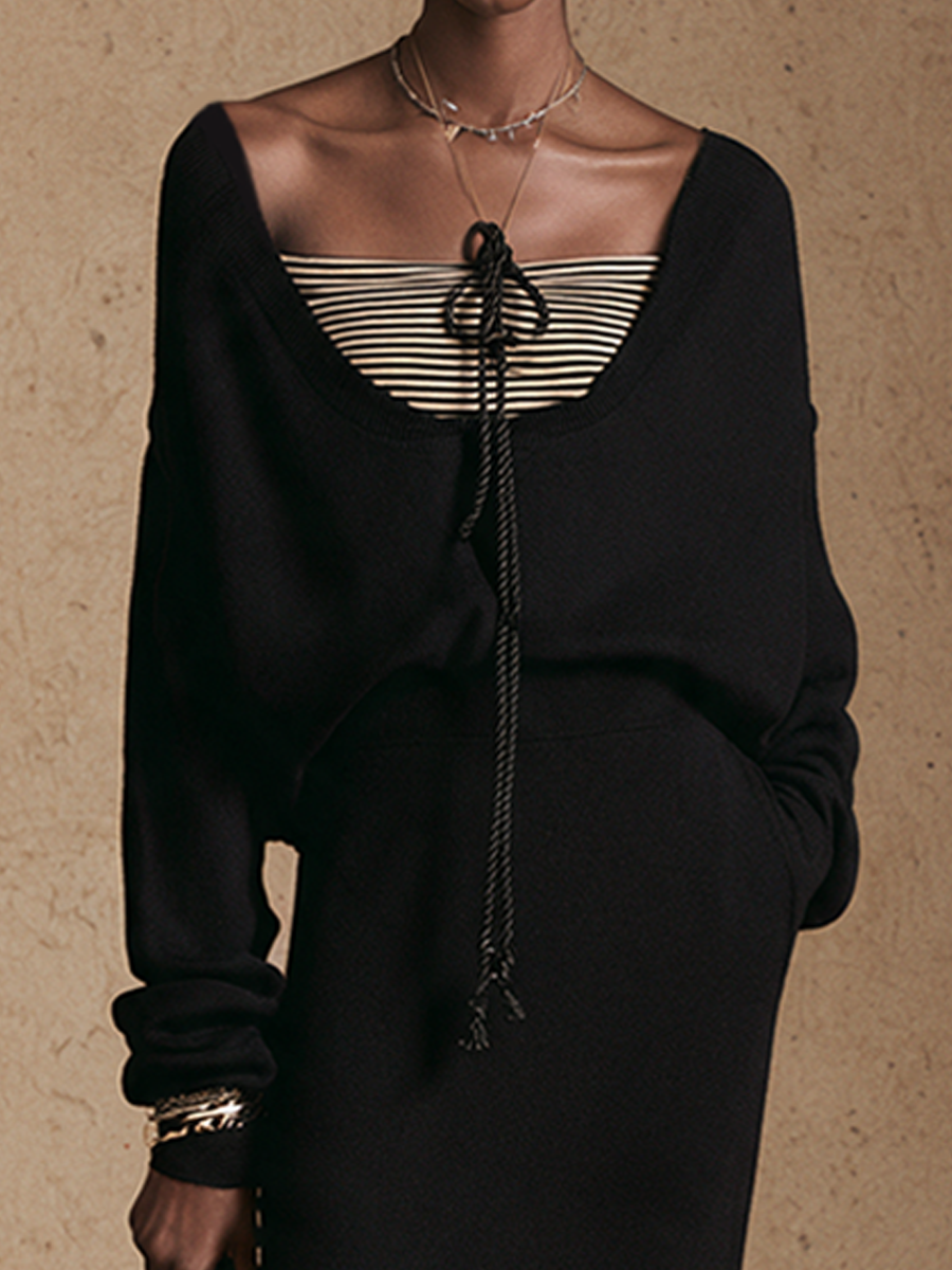 Conjunto elegante de falda larga con paneles a rayas y frente anudado para mujer