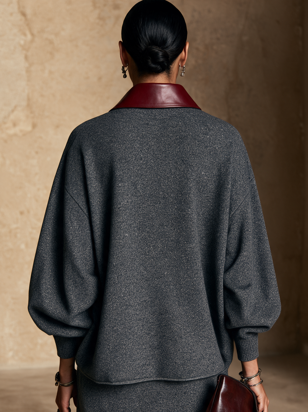 Women's Color-Blocked Leather Collar Fashion Pullover Sweater