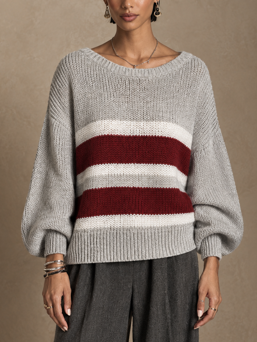 Suéter casual de cuello redondo con rayas en contraste para mujer