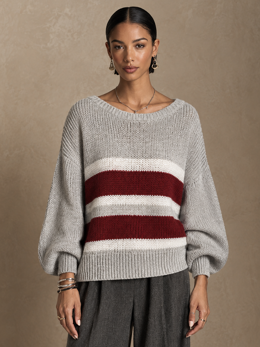 Suéter casual de cuello redondo con rayas en contraste para mujer