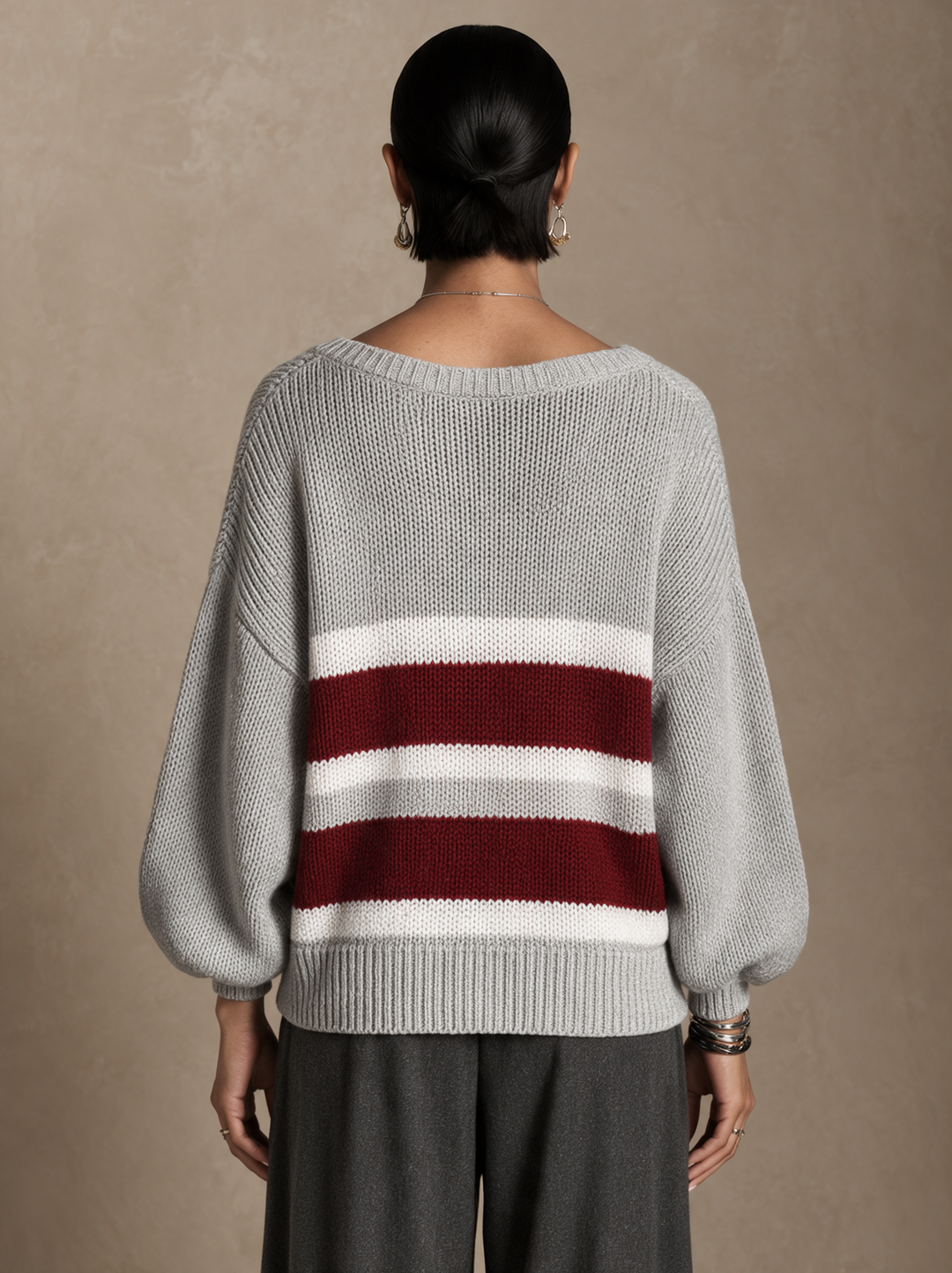 Suéter casual de cuello redondo con rayas en contraste para mujer