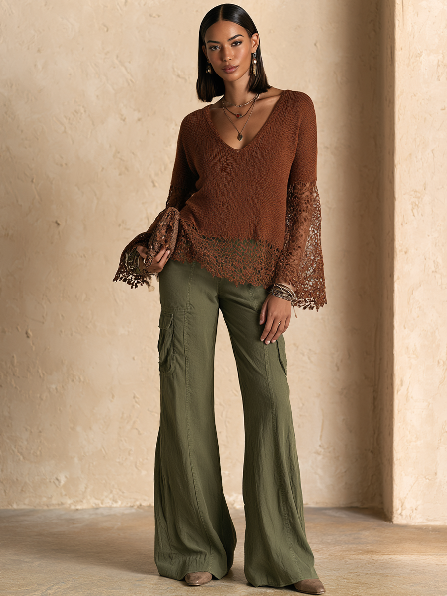 Pantalones casuales acampanados con bolsillos utilitarios para mujer