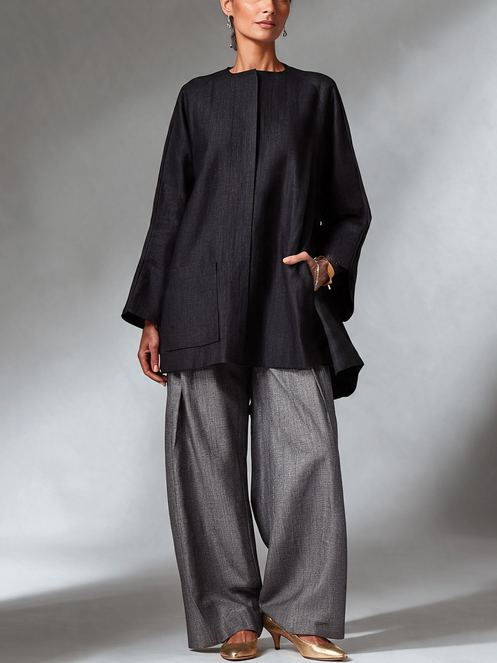 Women's Collarless Top & Linen-blend Wide Leg Pants Set