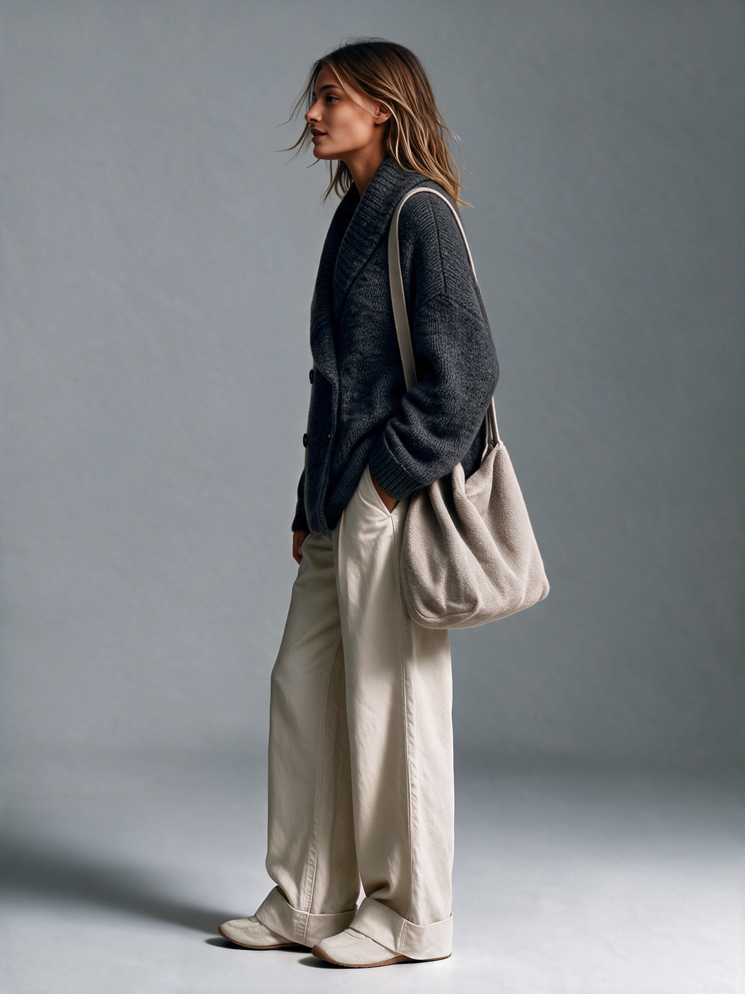 Women's Shawl Collar Double‑Breasted Knit Cardigan & Wide‑Leg Trousers Set