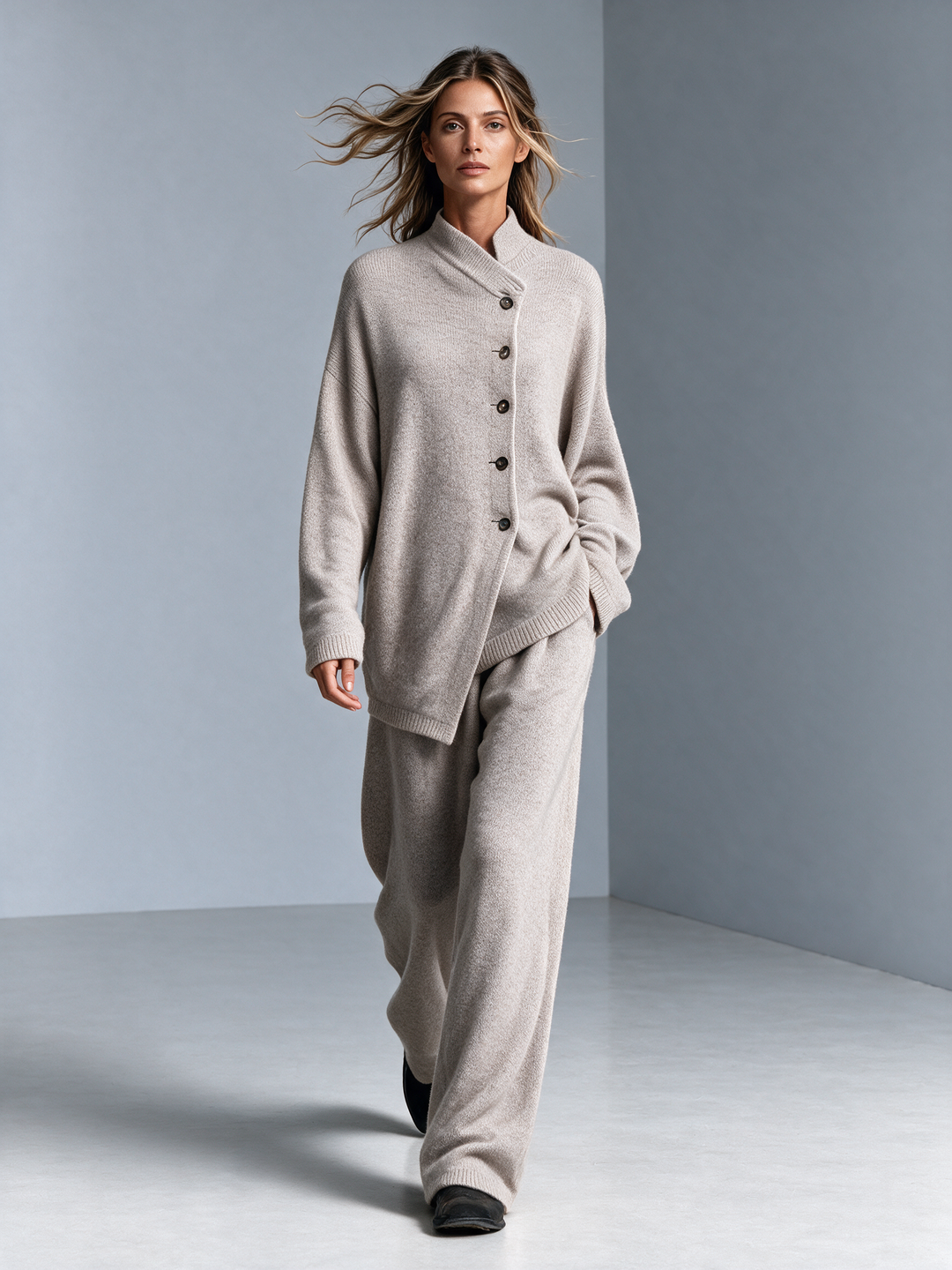 Women's Stand Collar Asymmetric Button Knit Top & Knit Wide‑Leg Pants Set