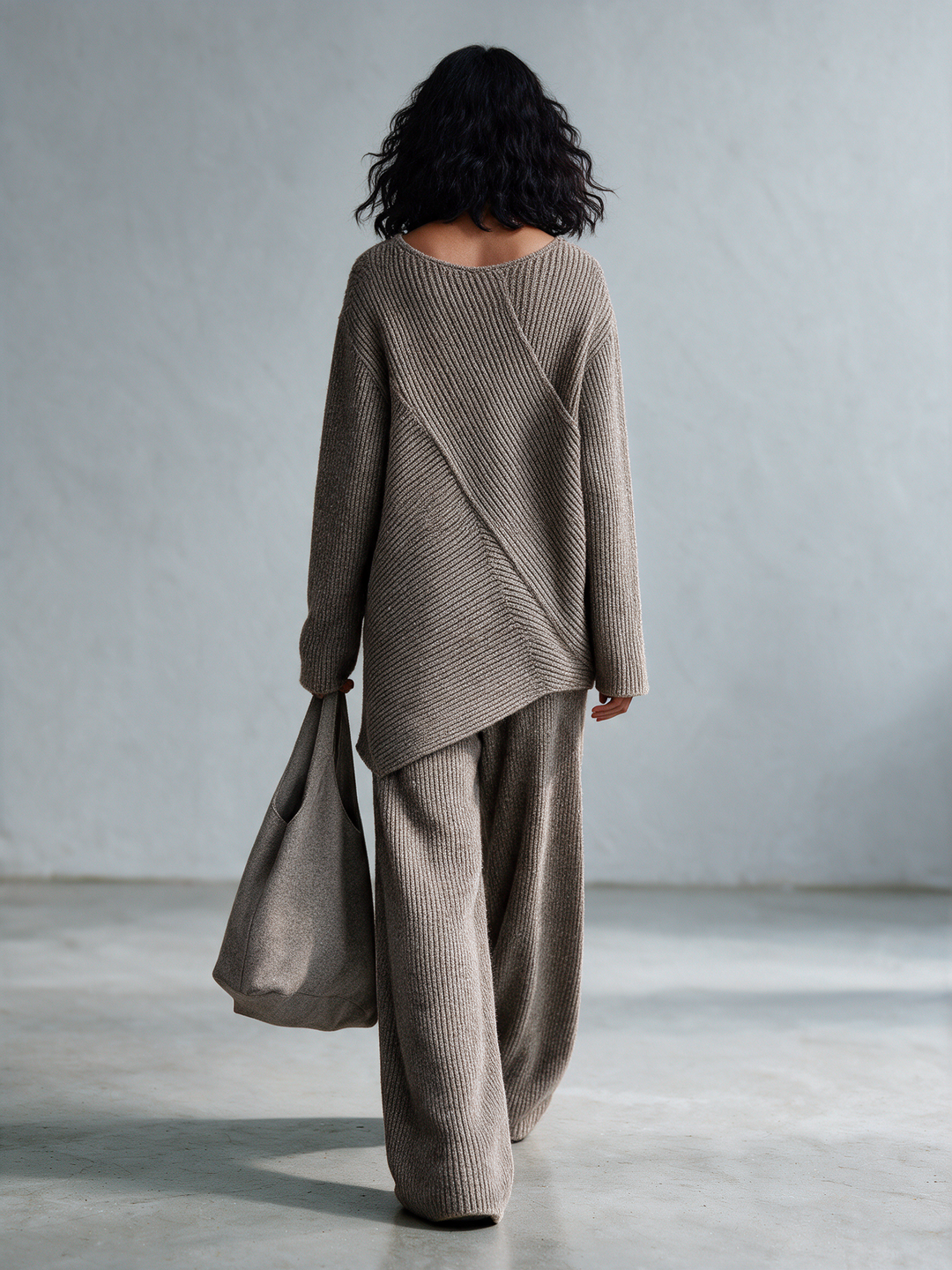 Women's U-Neck Diagonal Texture Knit Top & Knit Wide Leg Pants Set