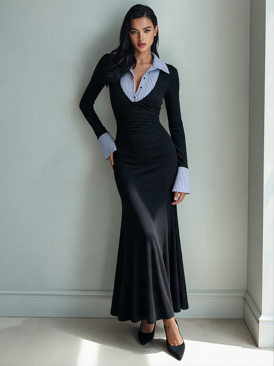 Vestido de punto acanalado de cola de pez "simula dos piezas" ajustado y sofisticado para mujer