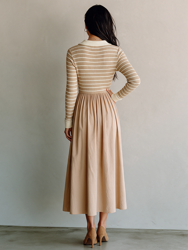 Women's Casual Knit-and-Woven Panel Polo-Collar Midi Dress