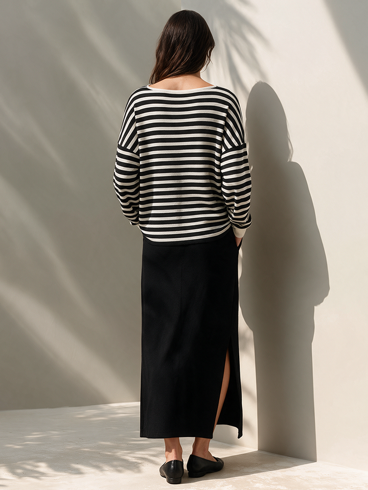 Women's Striped Knit Top & Slit Skirt Set