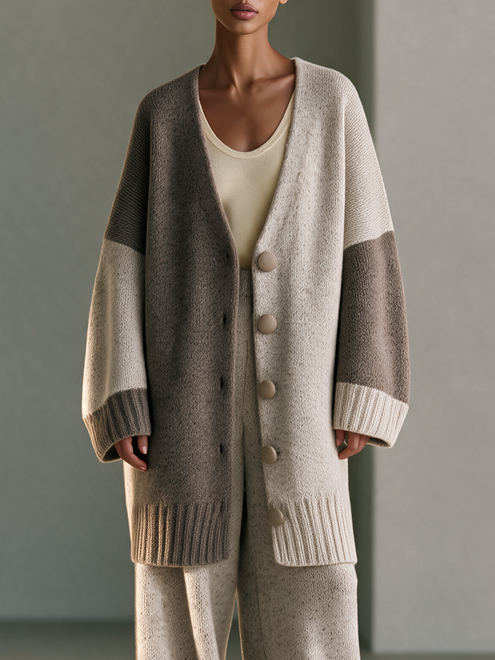 Women's Colorblock V-Neck Button Drop-Shoulder Longline Wool-Knit Cardigan
