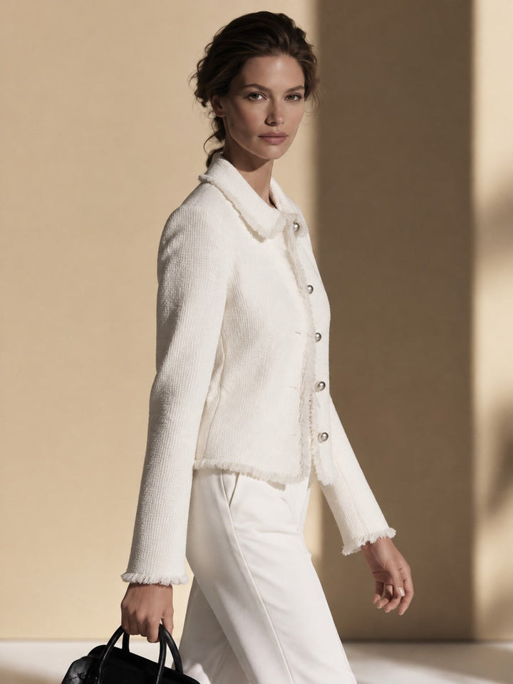 Women's Fringed Tweed Jacket with Metal Buttons