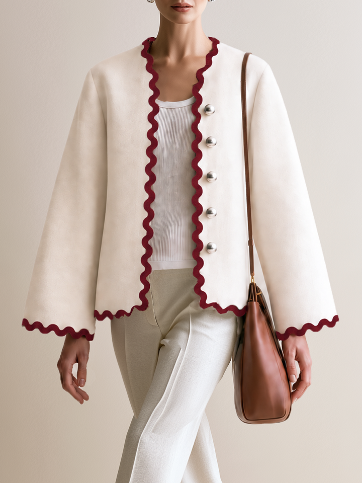 Women's Ivory Scalloped Trim Bell Sleeve Jacket With Contrast Wave Edge