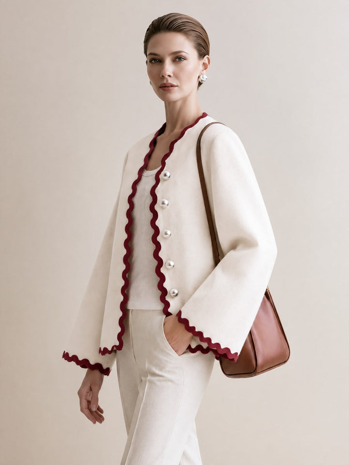 Women's Ivory Scalloped Trim Bell Sleeve Jacket With Contrast Wave Edge