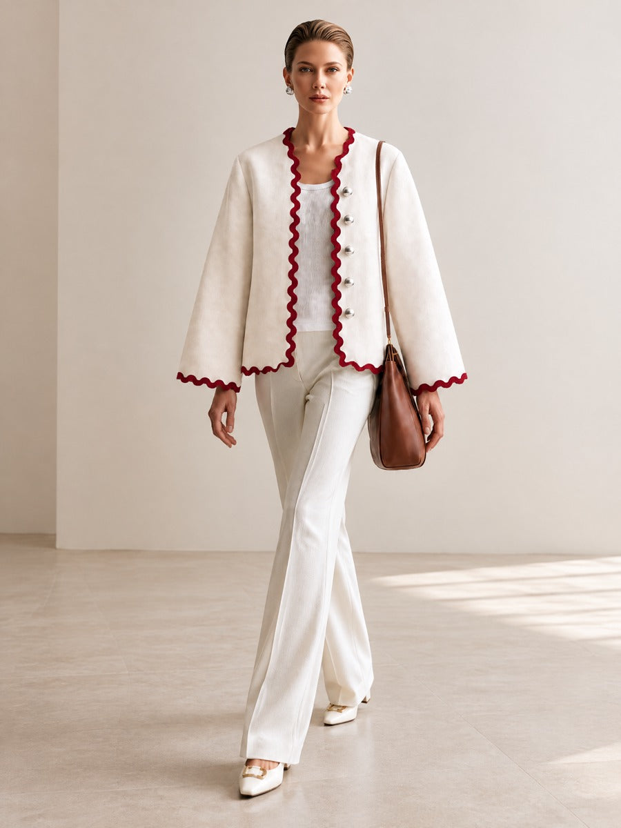 Women's Ivory Scalloped Trim Bell Sleeve Jacket With Contrast Wave Edge